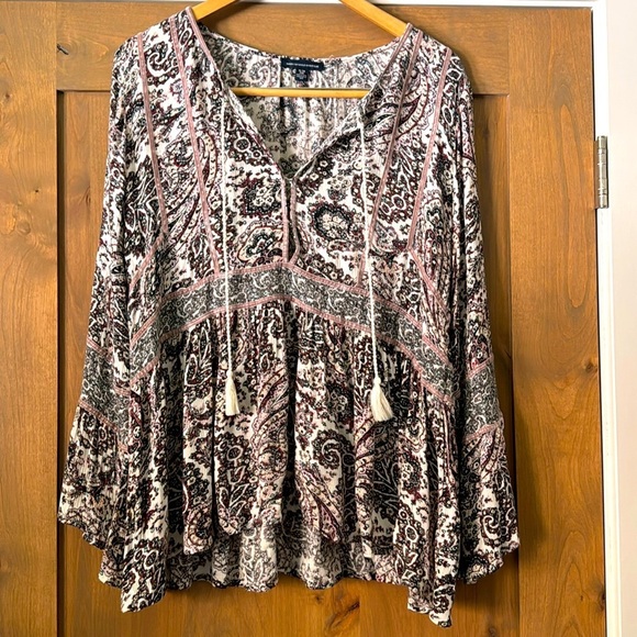 AEO Boho Deep V Neck Boho Peasant Top Blouse Womens XL Viscose Velvet seams - Picture 1 of 12
